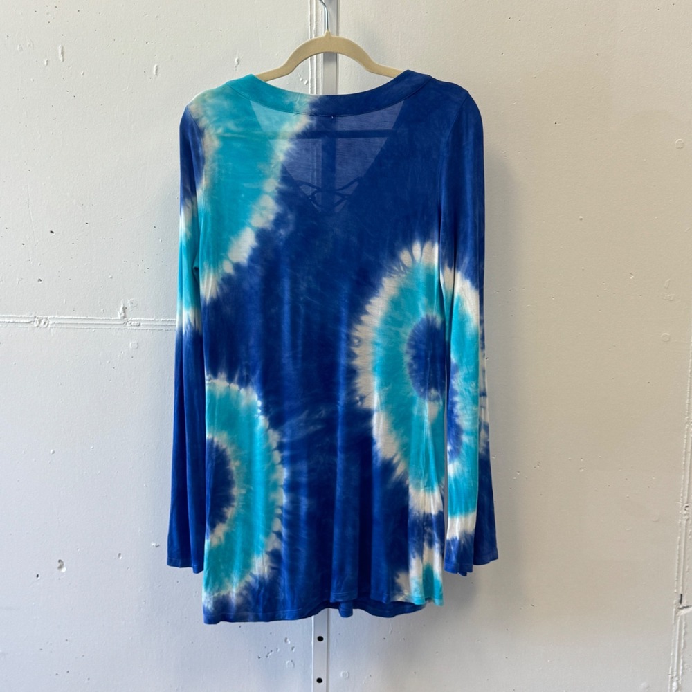 INC Beach Tie Dye Sequin Lace Up Tunic Swim Cover Up Blue Turquoise Medium - Picture 2 of 8